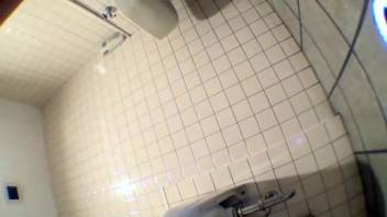 Rebellious Asian chick defecates on the ground in a public restroom