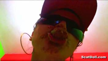 Huge turd served on a platter for midday meal in an ultra-filthy live cam spectacle featuring ScatDoll