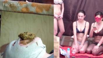 Three female friends defecating on a man in his mouth 2