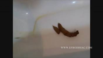 Sandy defecating in the bathtub